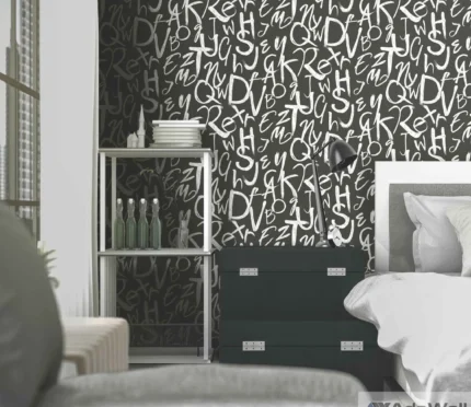 Black Embossed Wallpaper – Silver Alphabet (4702-3)